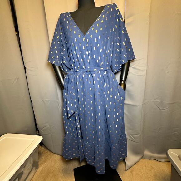 Plus Size 2X 18 20 Blue BloomChic Dress Gold Foil Dot Pockets slimming and comfy - Picture 3 of 11